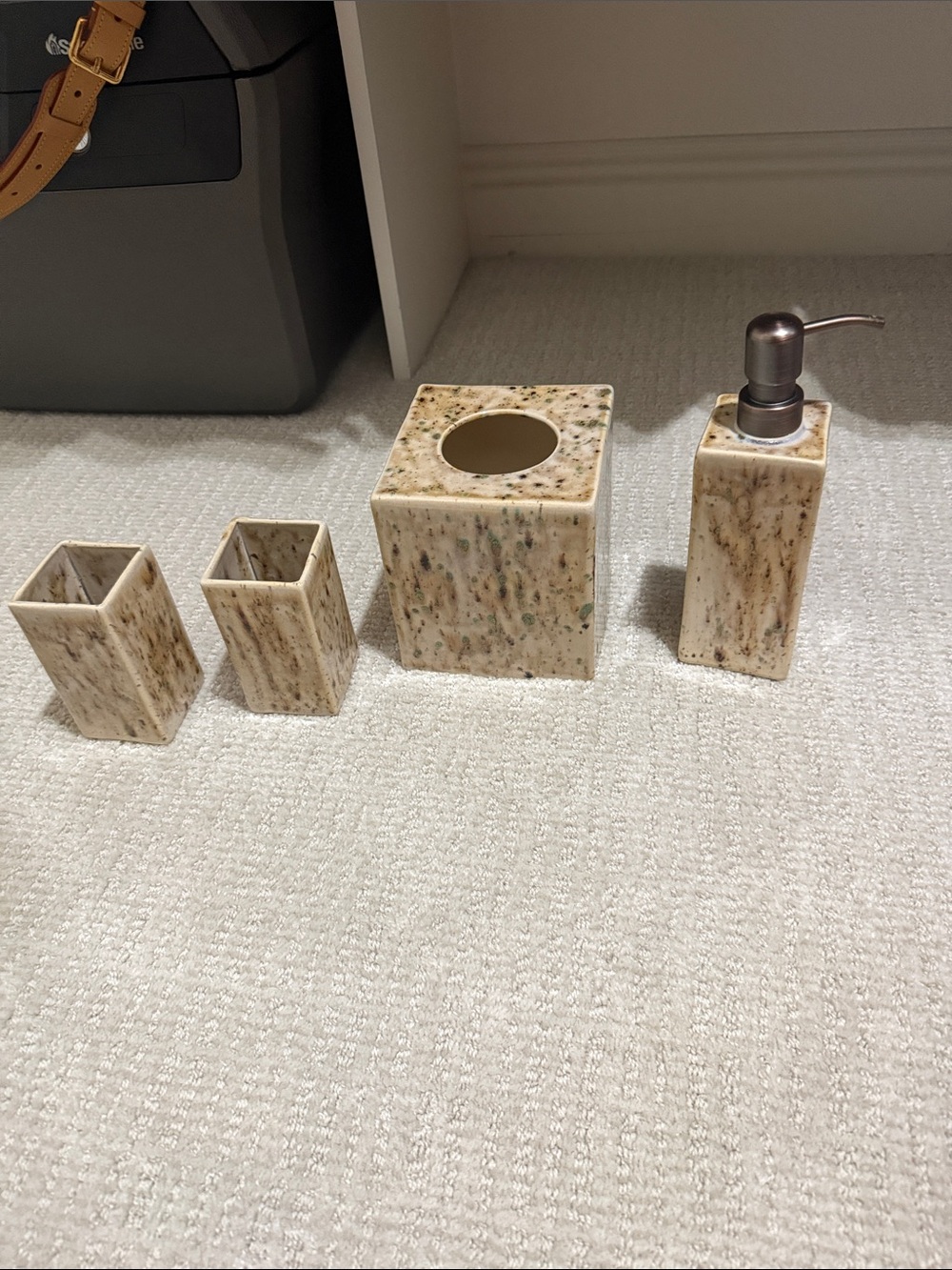 Ceramic Neutral Speckled Beige Marble Bath Accessory Set - 4 Piece